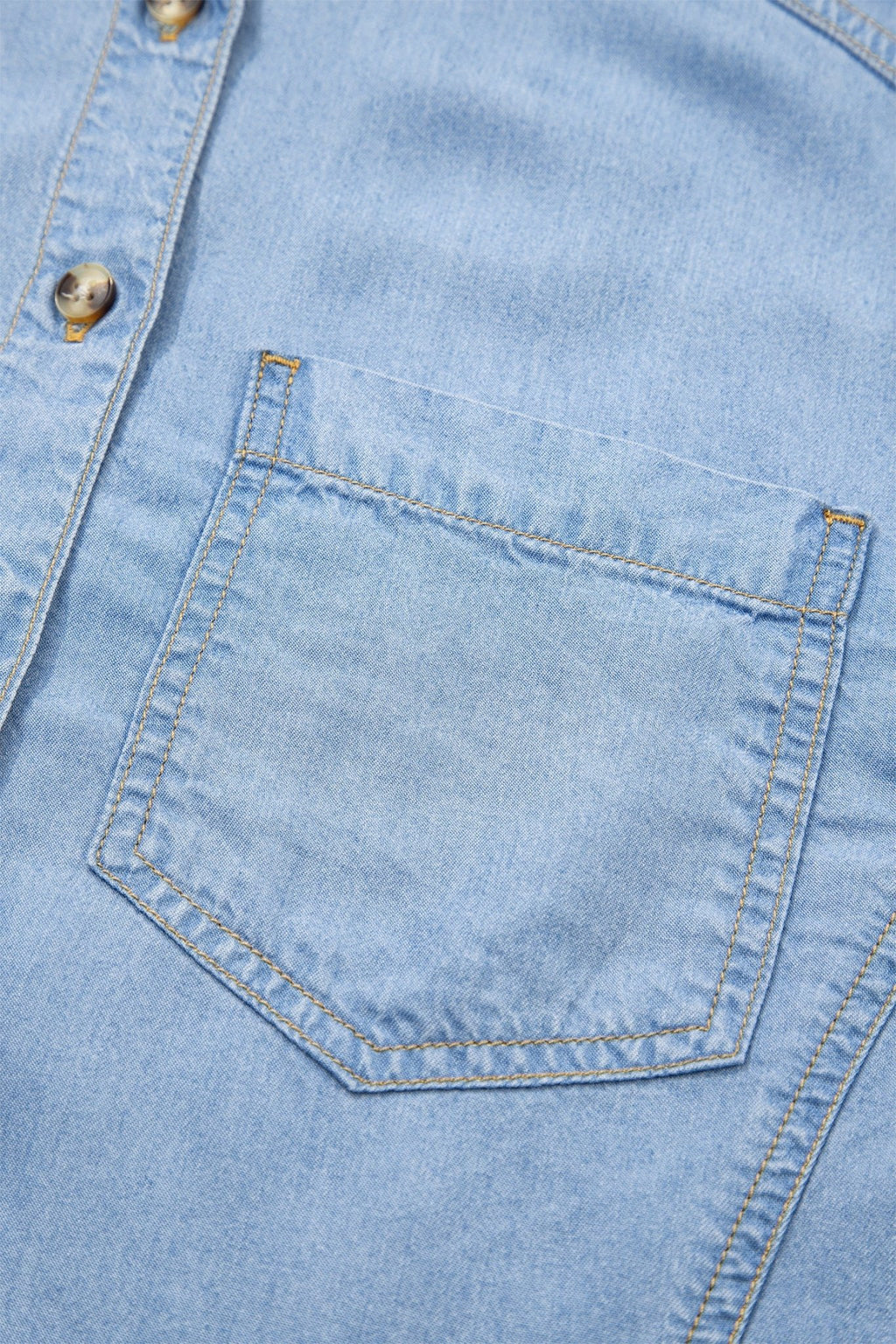 Denim Chambray Ruffle 3/4 Sleeve Buttoned Shirt - Rooted & Reckless Co.