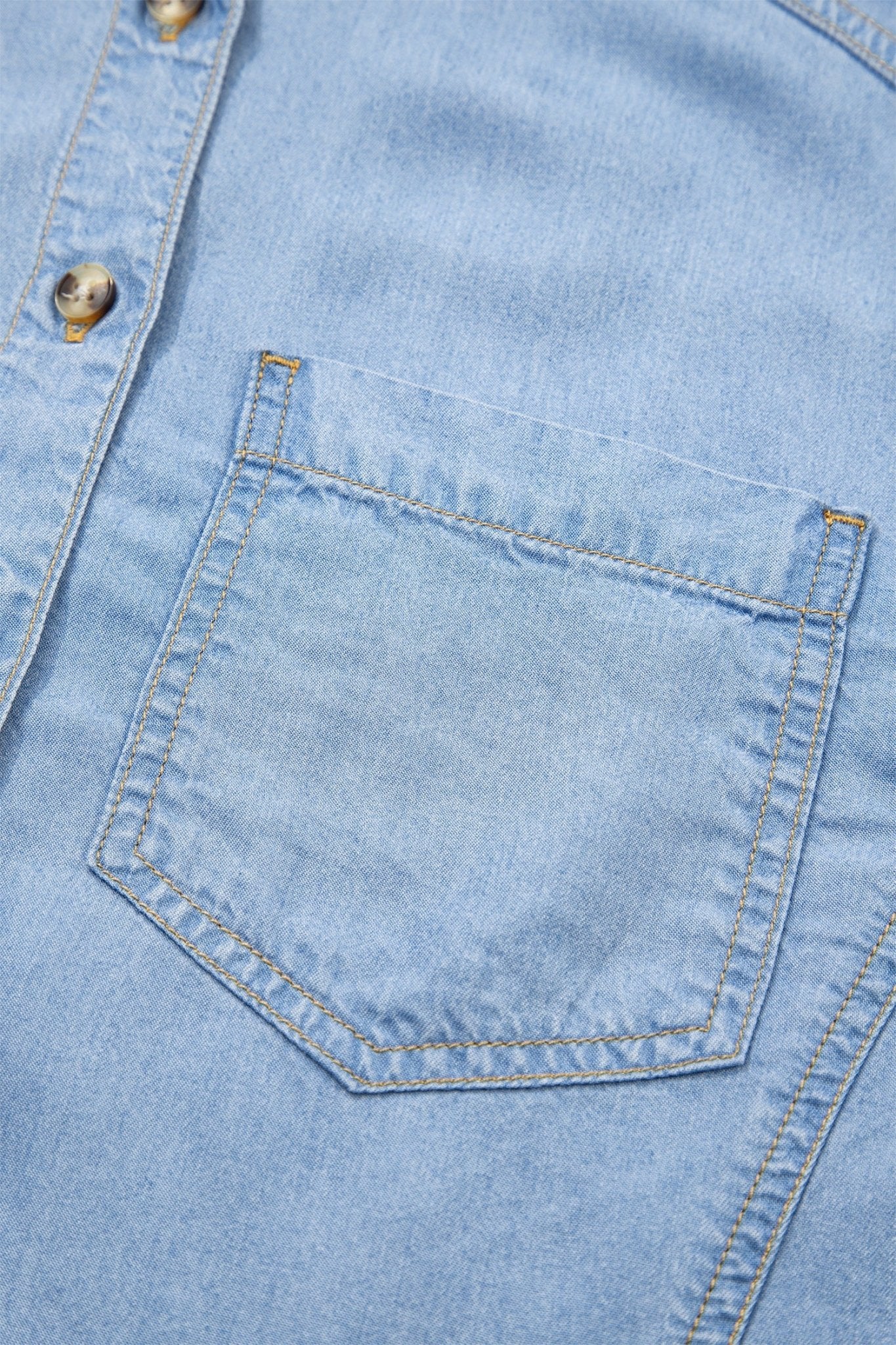 Denim Chambray Ruffle 3/4 Sleeve Buttoned Shirt - Rooted & Reckless Co.