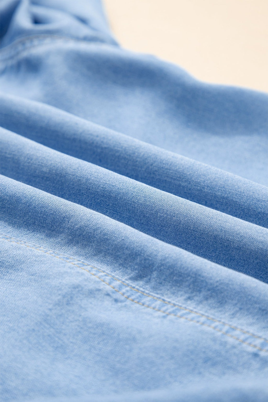 Denim Chambray Ruffle 3/4 Sleeve Buttoned Shirt - Rooted & Reckless Co.