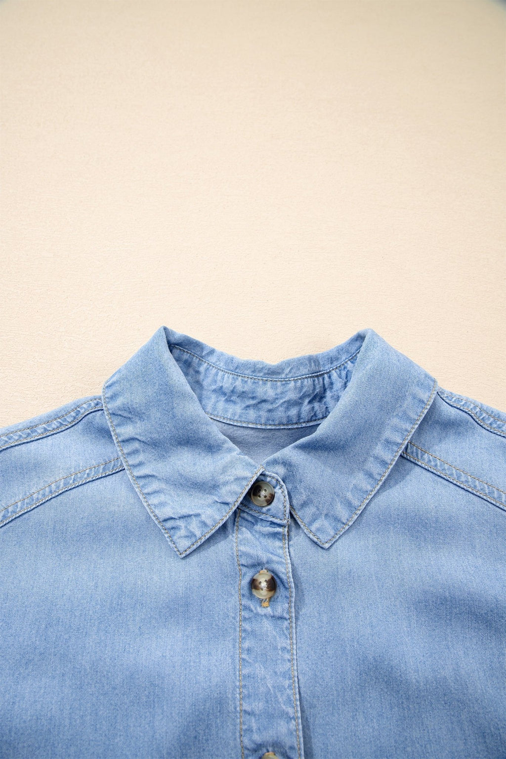 Denim Chambray Ruffle 3/4 Sleeve Buttoned Shirt - Rooted & Reckless Co.