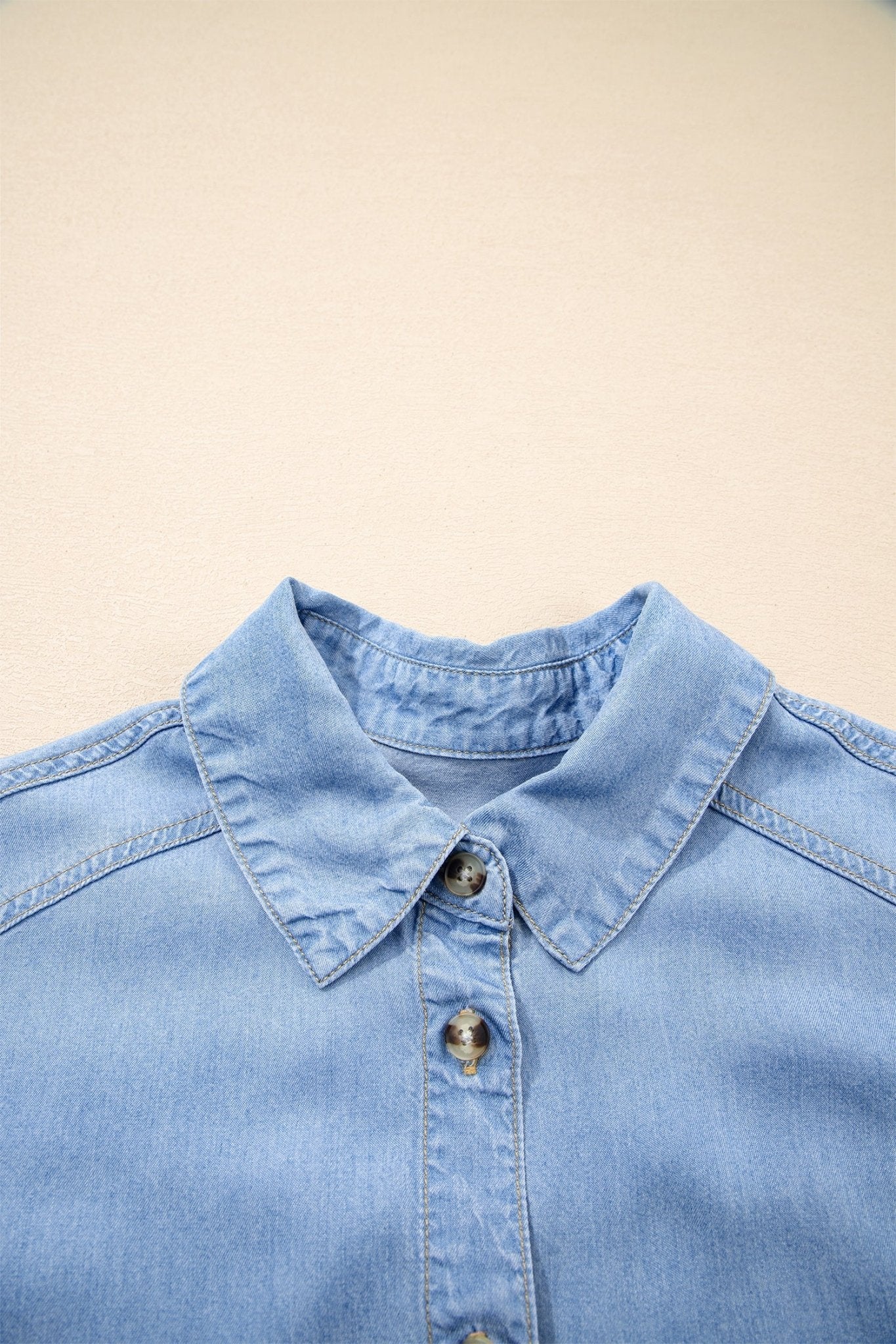 Denim Chambray Ruffle 3/4 Sleeve Buttoned Shirt - Rooted & Reckless Co.