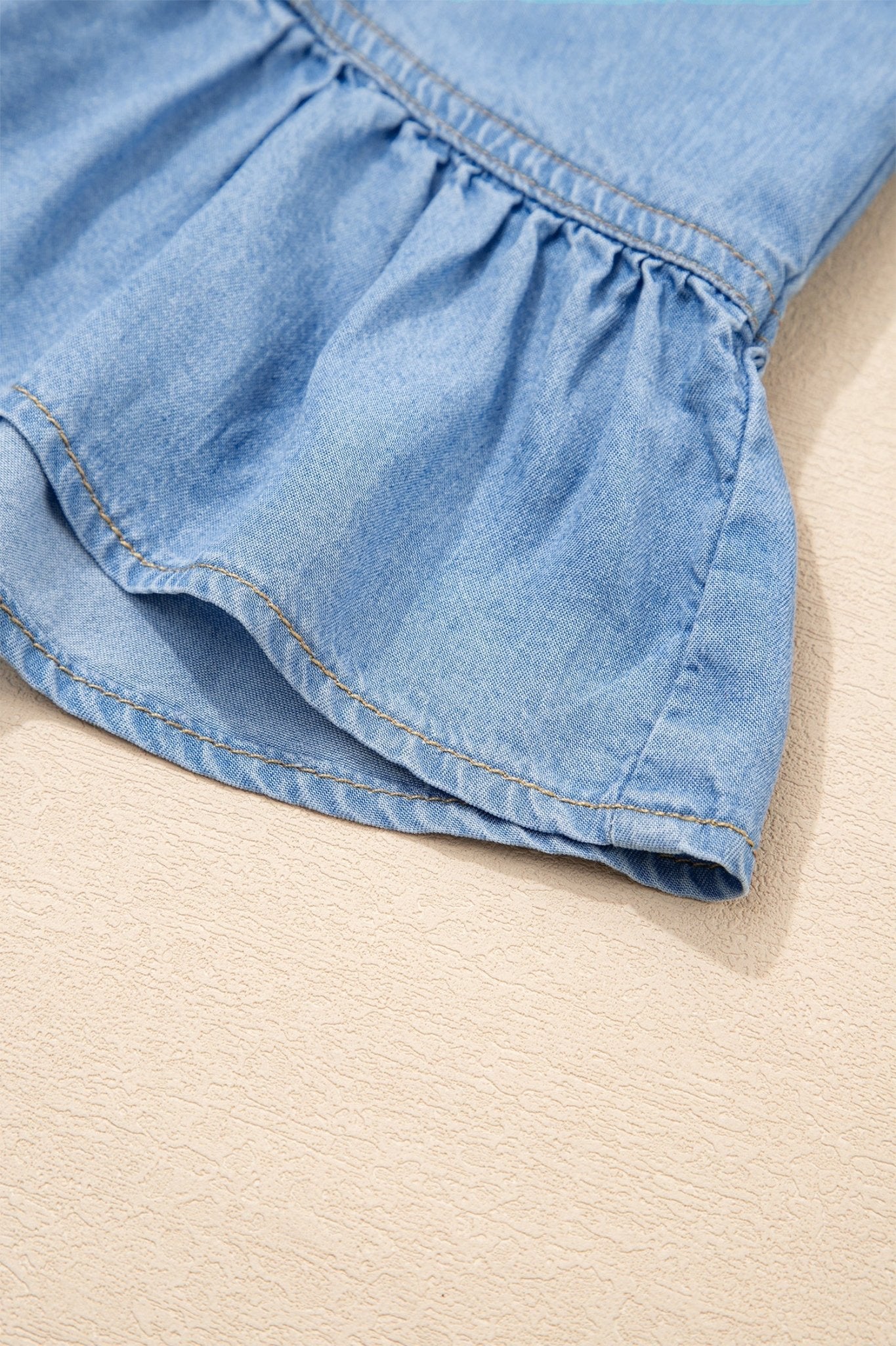 Denim Chambray Ruffle 3/4 Sleeve Buttoned Shirt - Rooted & Reckless Co.