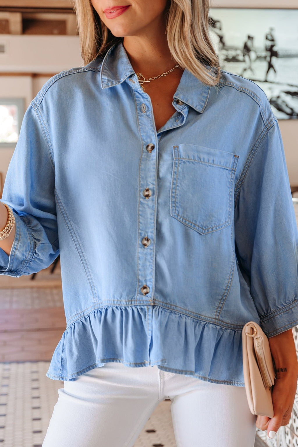 Denim Chambray Ruffle 3/4 Sleeve Buttoned Shirt - Rooted & Reckless Co.