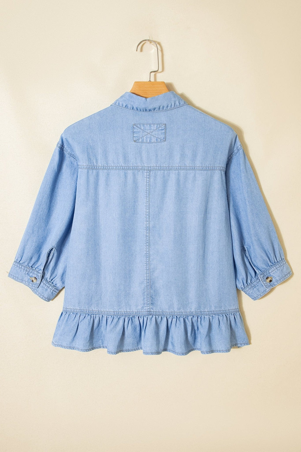 Denim Chambray Ruffle 3/4 Sleeve Buttoned Shirt - Rooted & Reckless Co.