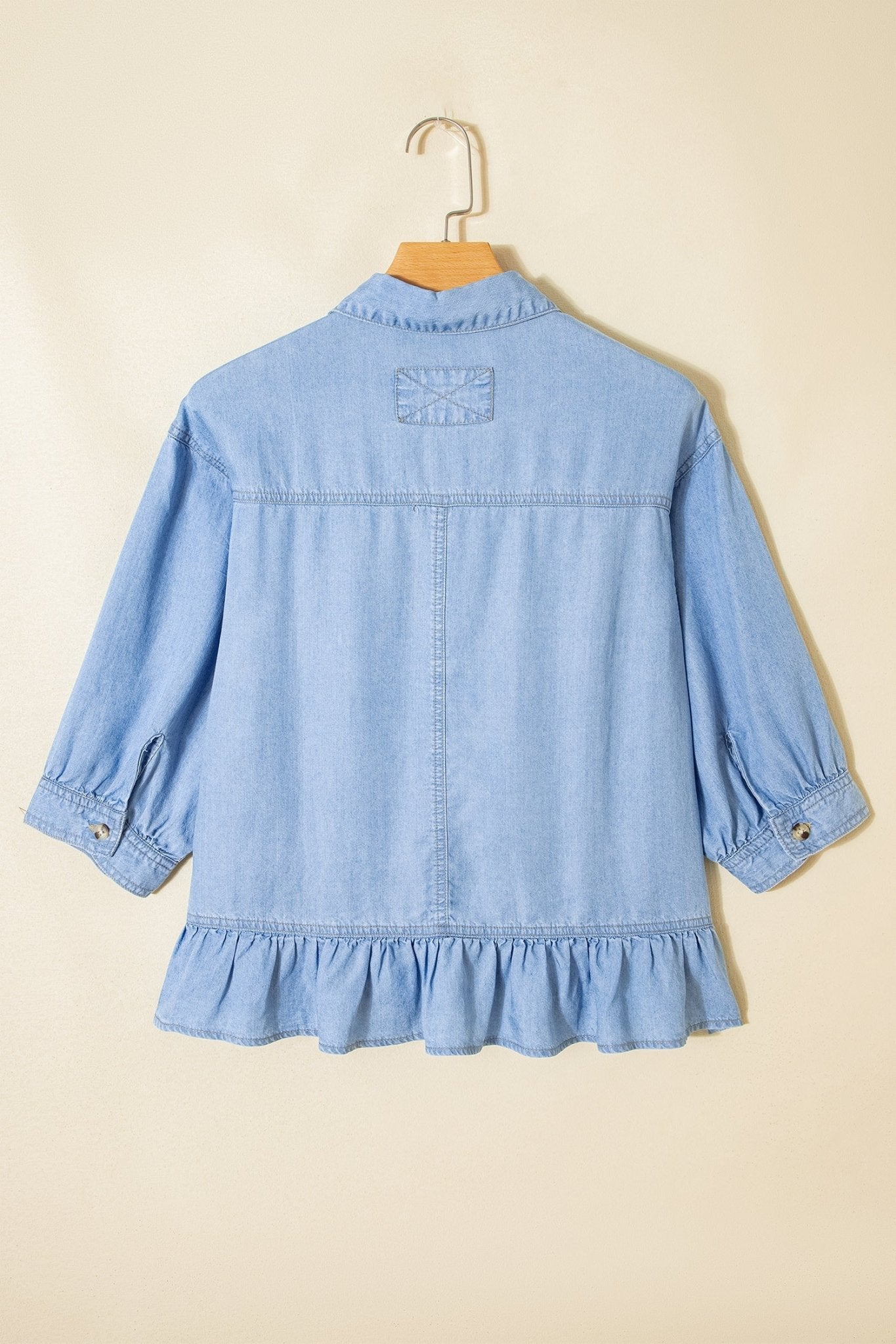 Denim Chambray Ruffle 3/4 Sleeve Buttoned Shirt - Rooted & Reckless Co.