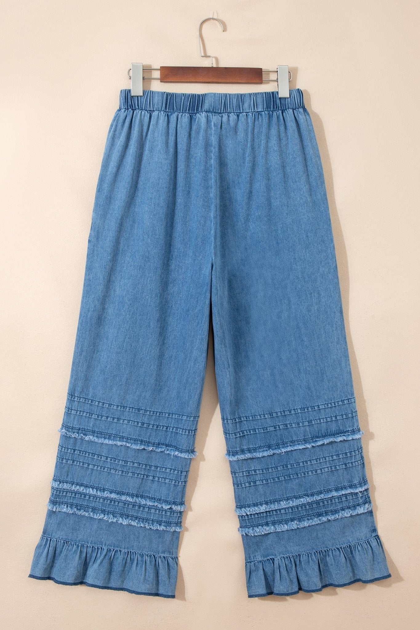 Denim Chambray Ruffle Hem Wide Leg Pants - Rooted & Reckless Co.