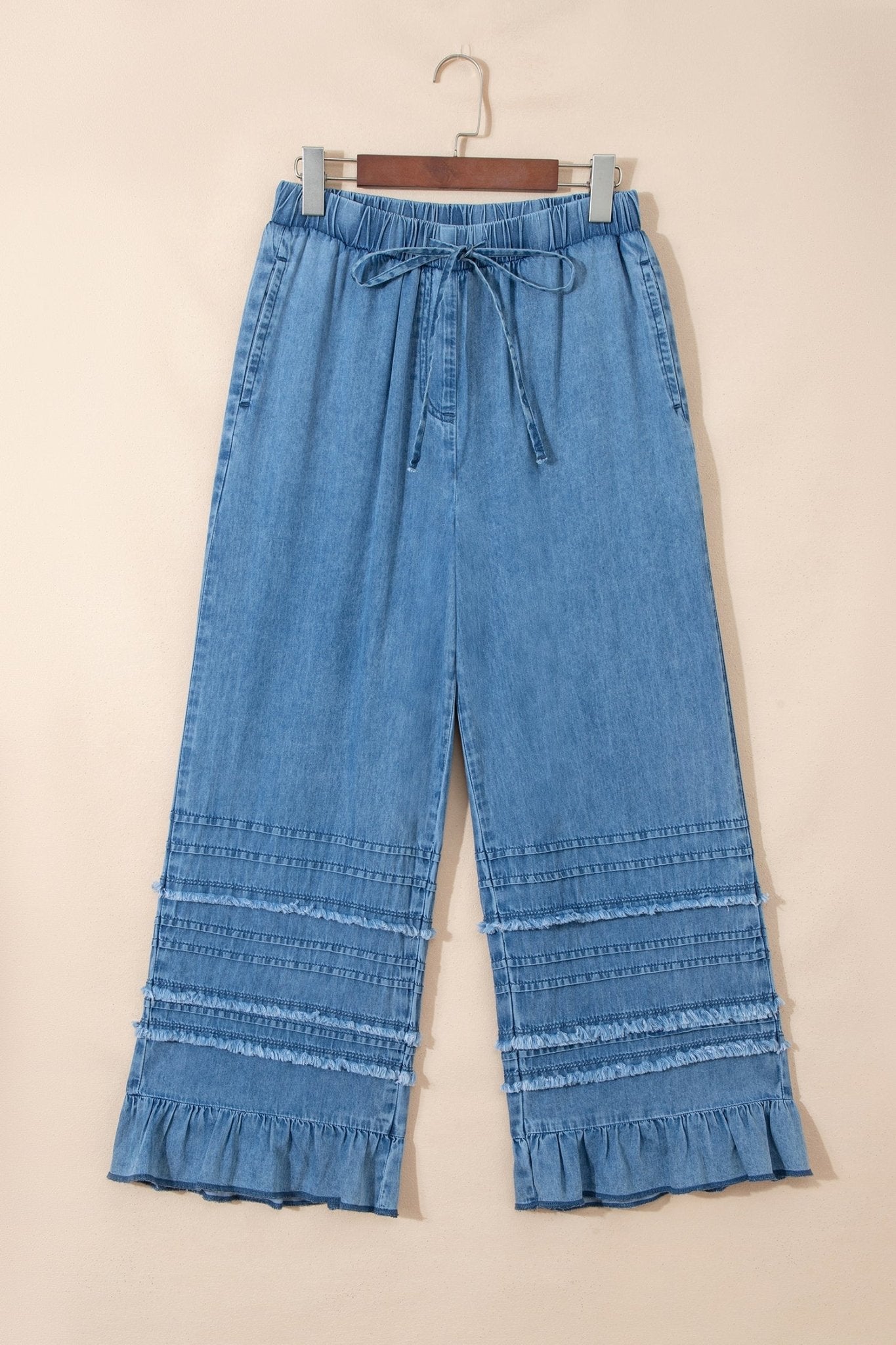Denim Chambray Ruffle Hem Wide Leg Pants - Rooted & Reckless Co.
