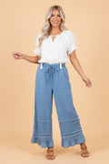 Denim Chambray Ruffle Hem Wide Leg Pants - Rooted & Reckless Co.