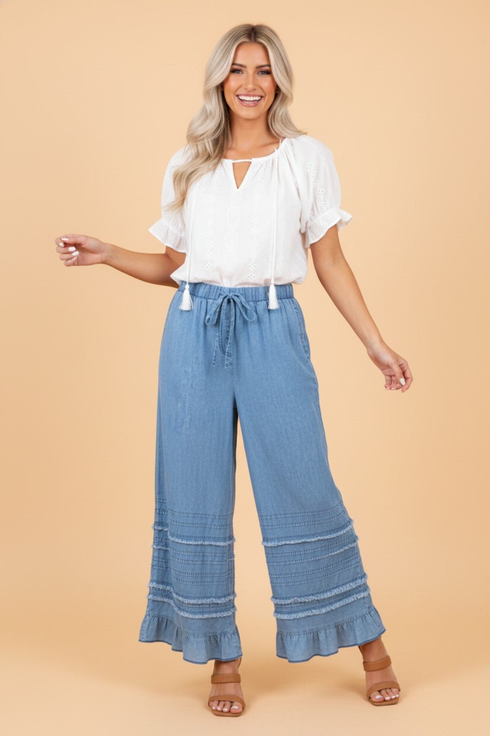 Denim Chambray Ruffle Hem Wide Leg Pants - Rooted & Reckless Co.
