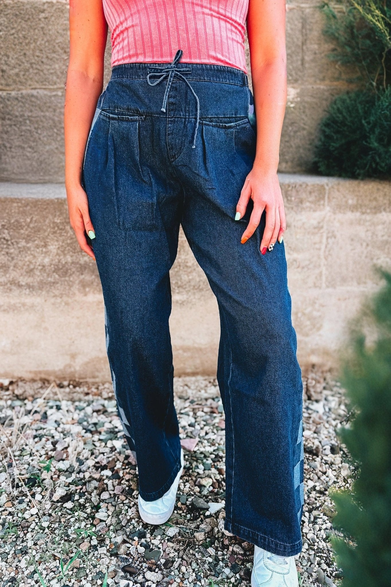 Denim Checker Side Panel Patchwork Drawstring Pants - Rooted & Reckless Co.