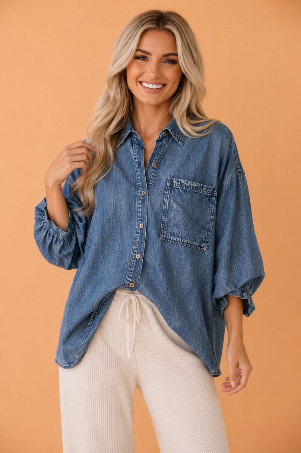 Denim Chest Pocket 3/4 Sleeve Loose Buttoned Shirt - Rooted & Reckless Co.