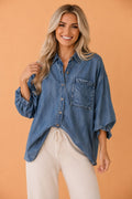 Denim Chest Pocket 3/4 Sleeve Loose Buttoned Shirt - Rooted & Reckless Co.