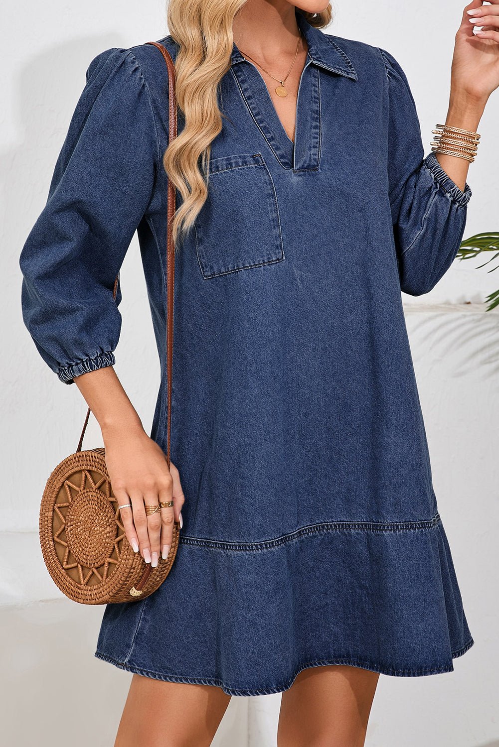 Denim Collared V-Neck Chest Pocket Dress - Rooted & Reckless Co.