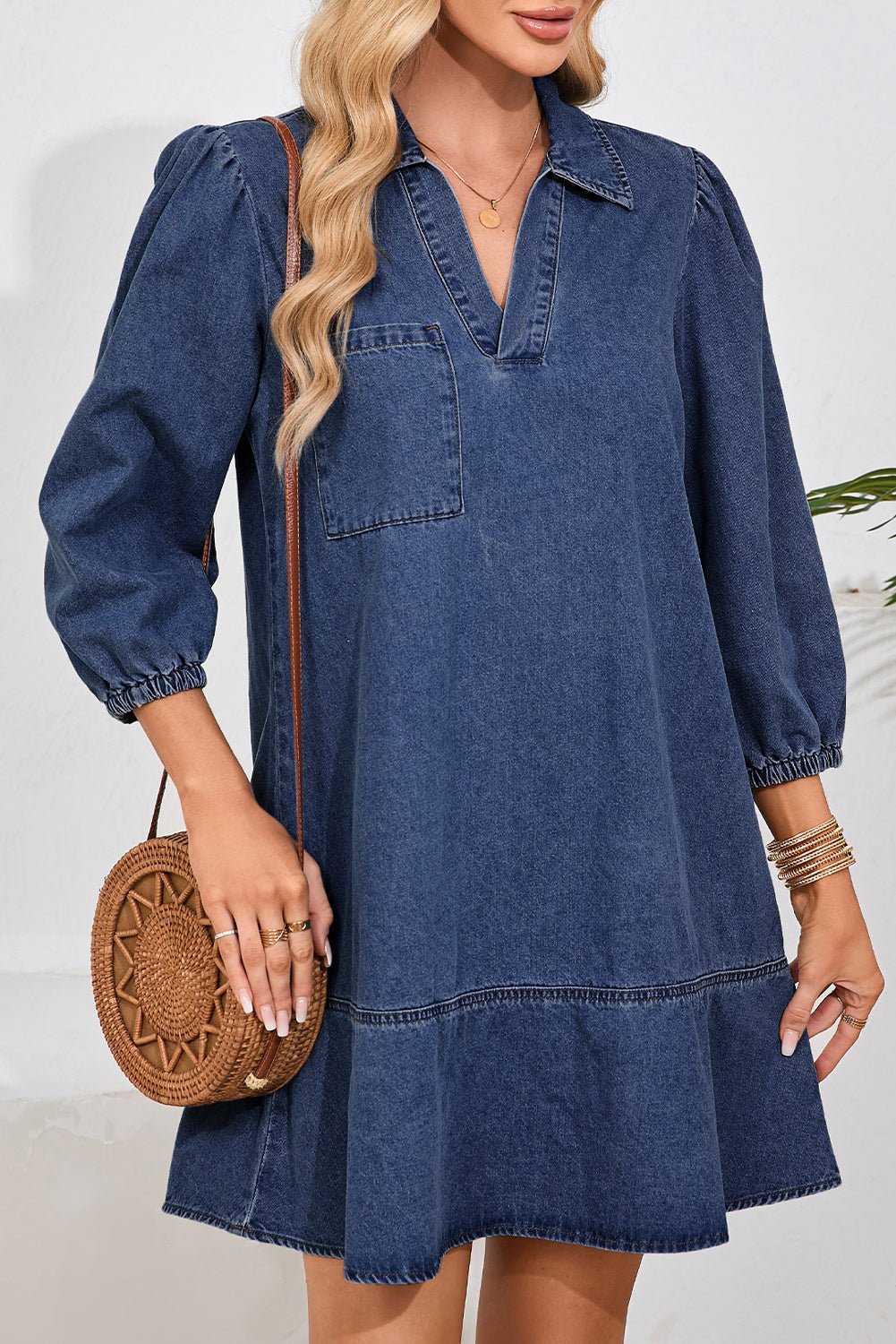 Denim Collared V-Neck Chest Pocket Dress - Rooted & Reckless Co.
