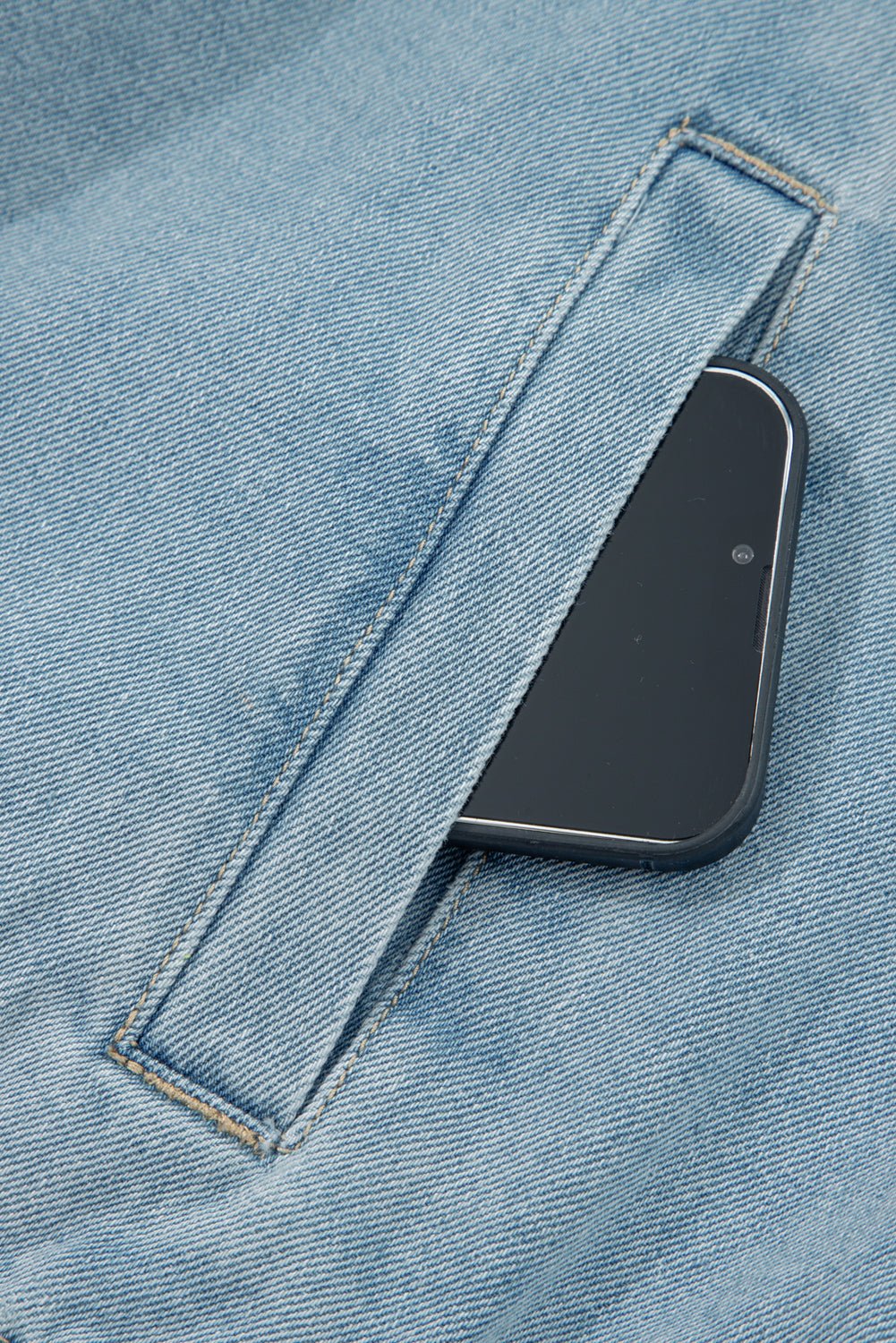 Denim Collared Zip-Up Elastic Edge Pocketed Jacket - Rooted & Reckless Co.