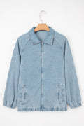Denim Collared Zip-Up Elastic Edge Pocketed Jacket - Rooted & Reckless Co.