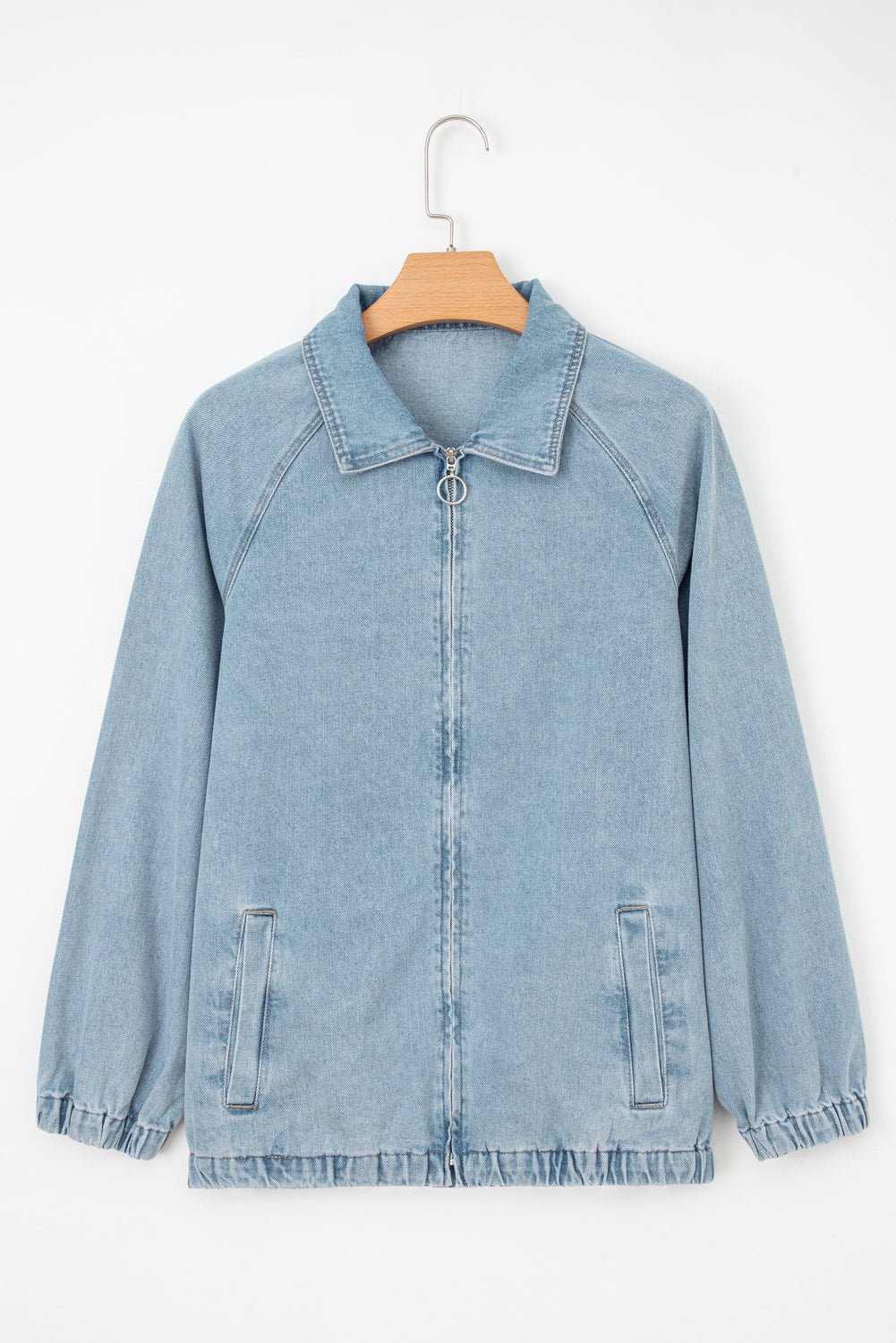 Denim Collared Zip-Up Elastic Edge Pocketed Jacket - Rooted & Reckless Co.