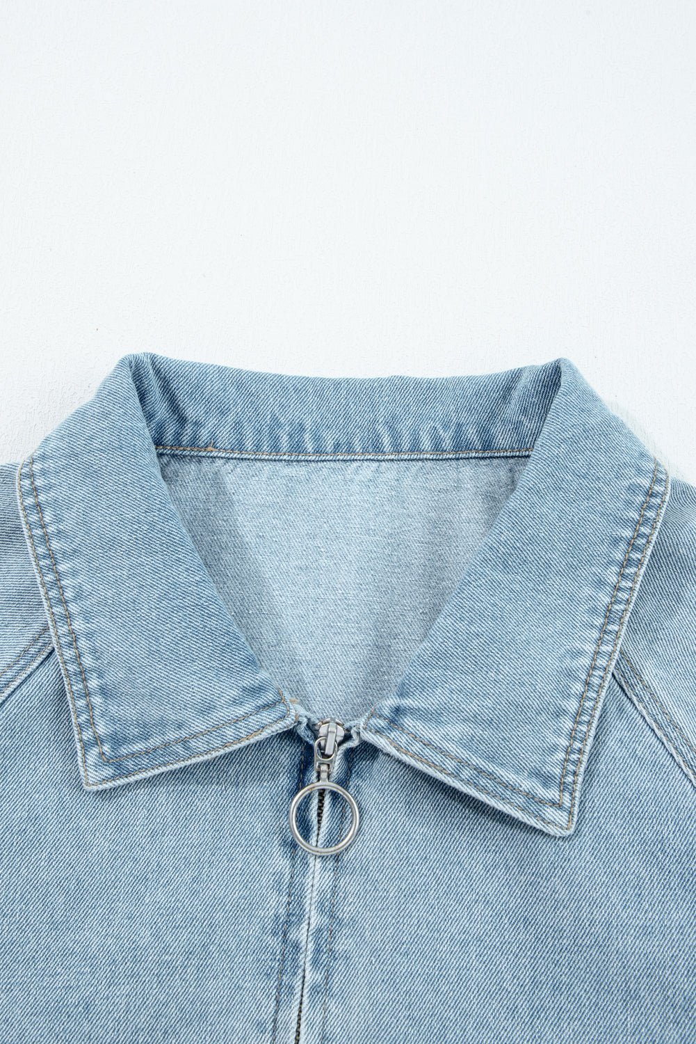 Denim Collared Zip-Up Elastic Edge Pocketed Jacket - Rooted & Reckless Co.