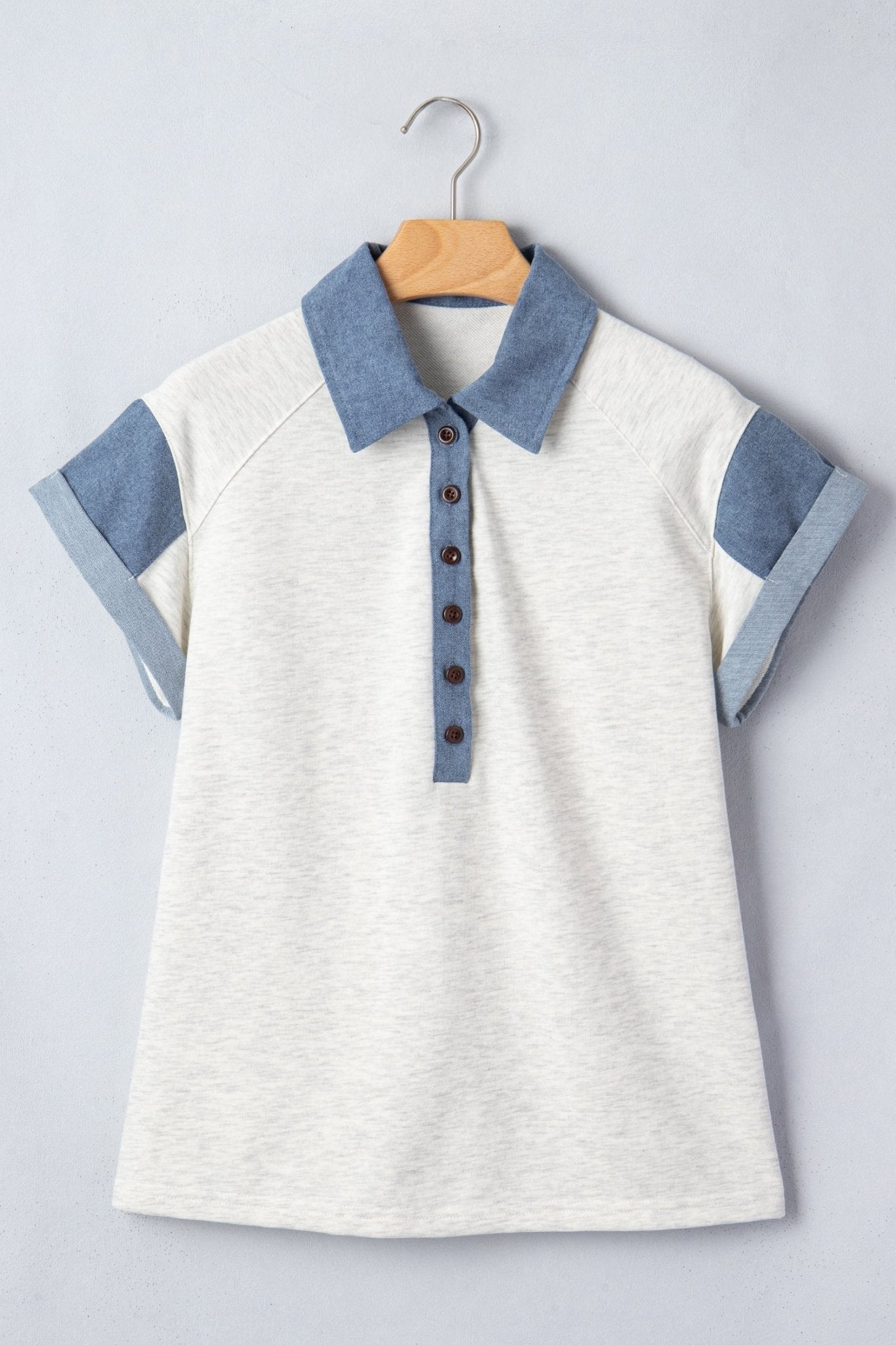 Denim Colorblock Patchwork Shirt Collar Blouse - Rooted & Reckless Co.