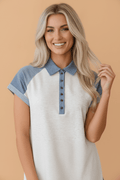Denim Colorblock Patchwork Shirt Collar Blouse - Rooted & Reckless Co.
