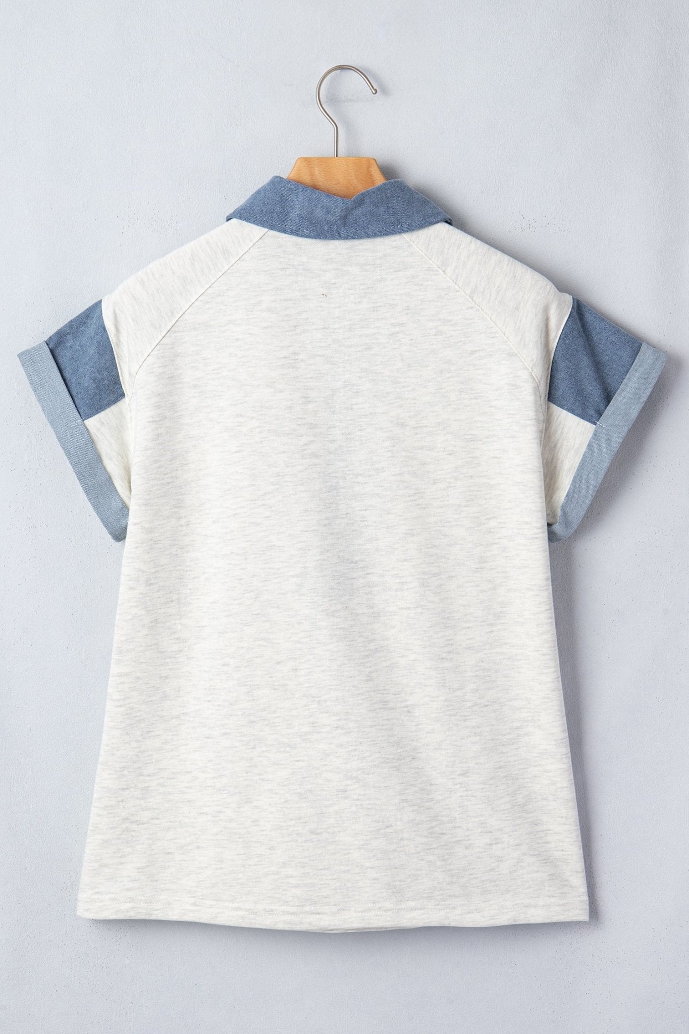 Denim Colorblock Patchwork Shirt Collar Blouse - Rooted & Reckless Co.