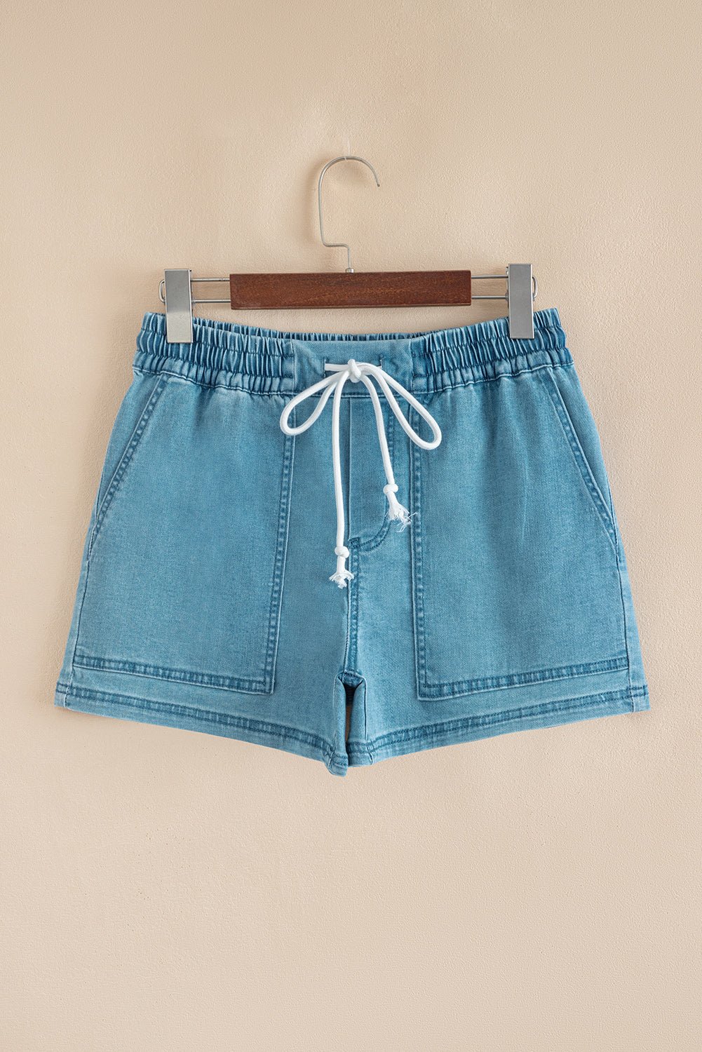Denim Contrast Drawstring Elastic Waist Shorts - Rooted & Reckless Co.