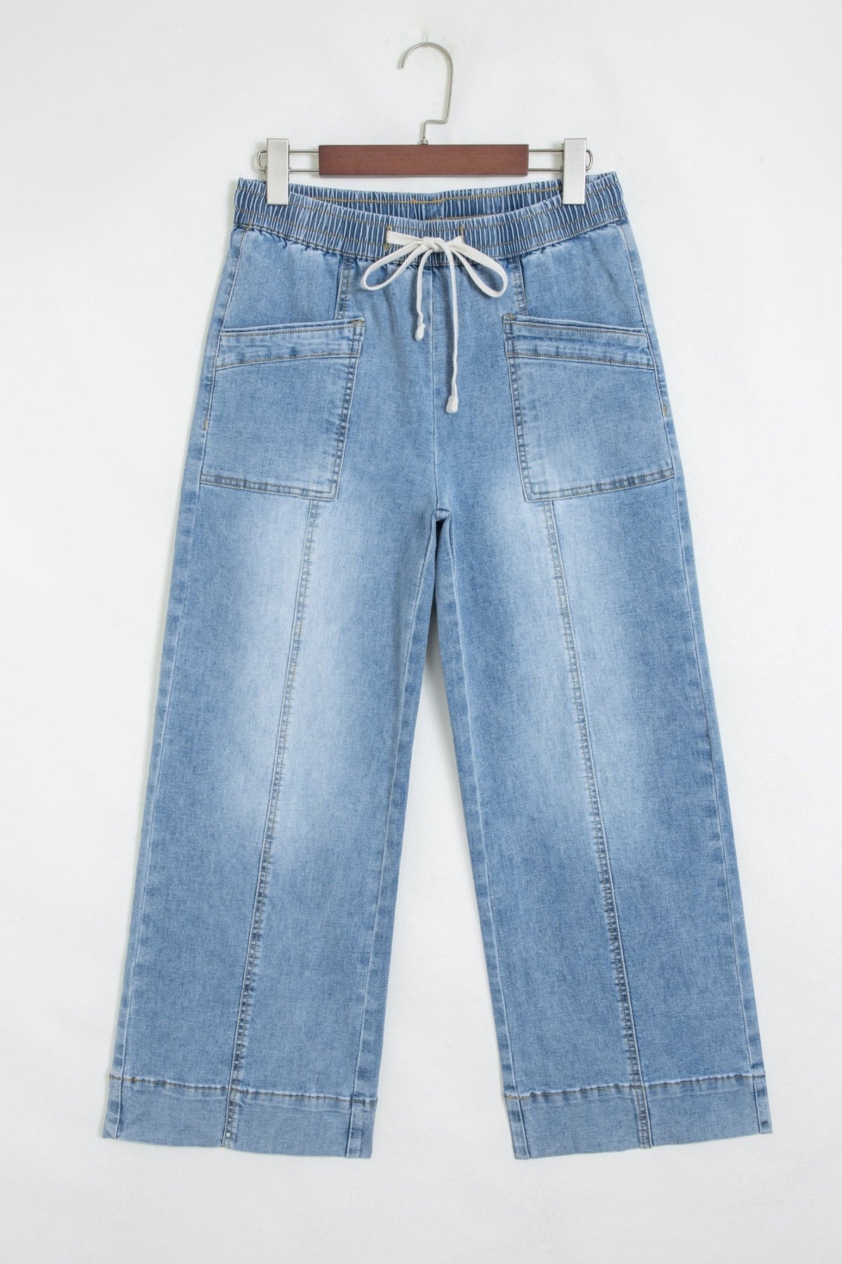 Denim Contrast Drawstring Waist Wide Leg Jeans - Rooted & Reckless Co.