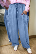 Denim Drawstring Pocket Elastic Waist Loose Pants - Rooted & Reckless Co.