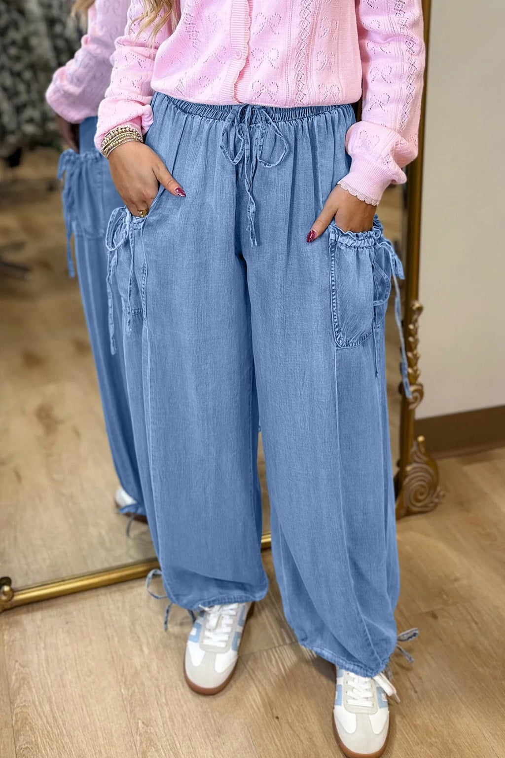 Denim Drawstring Pocket Elastic Waist Loose Pants - Rooted & Reckless Co.