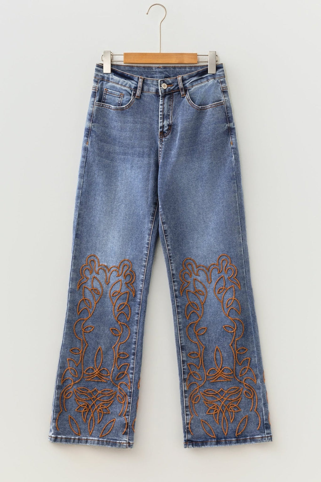 Denim Embroidered Flare Leg Jeans w/ Pockets - Rooted & Reckless Co.