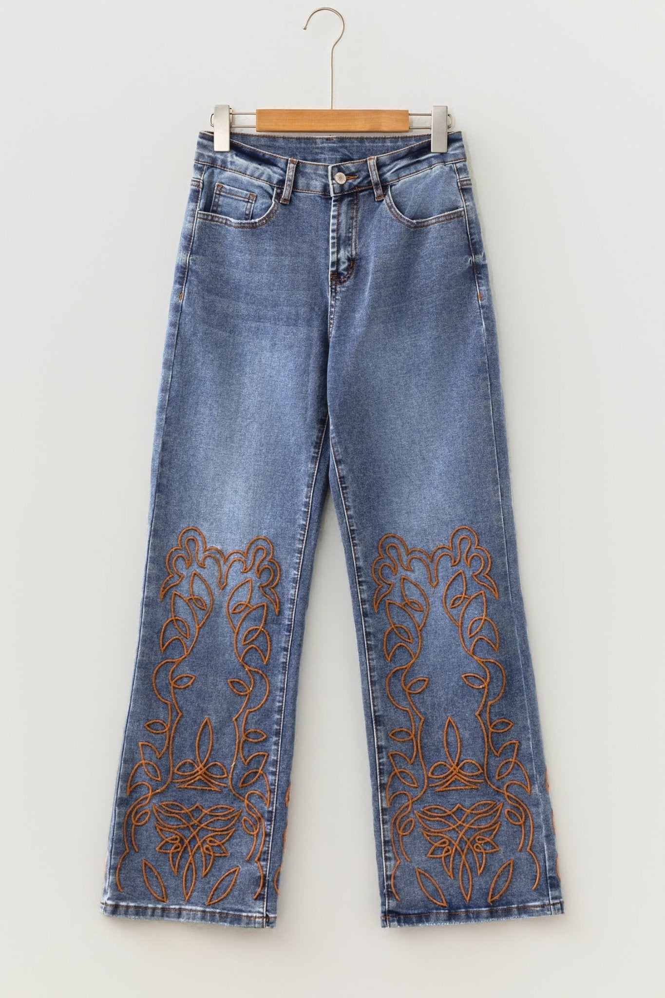 Denim Embroidered Flare Leg Jeans w/ Pockets - Rooted & Reckless Co.