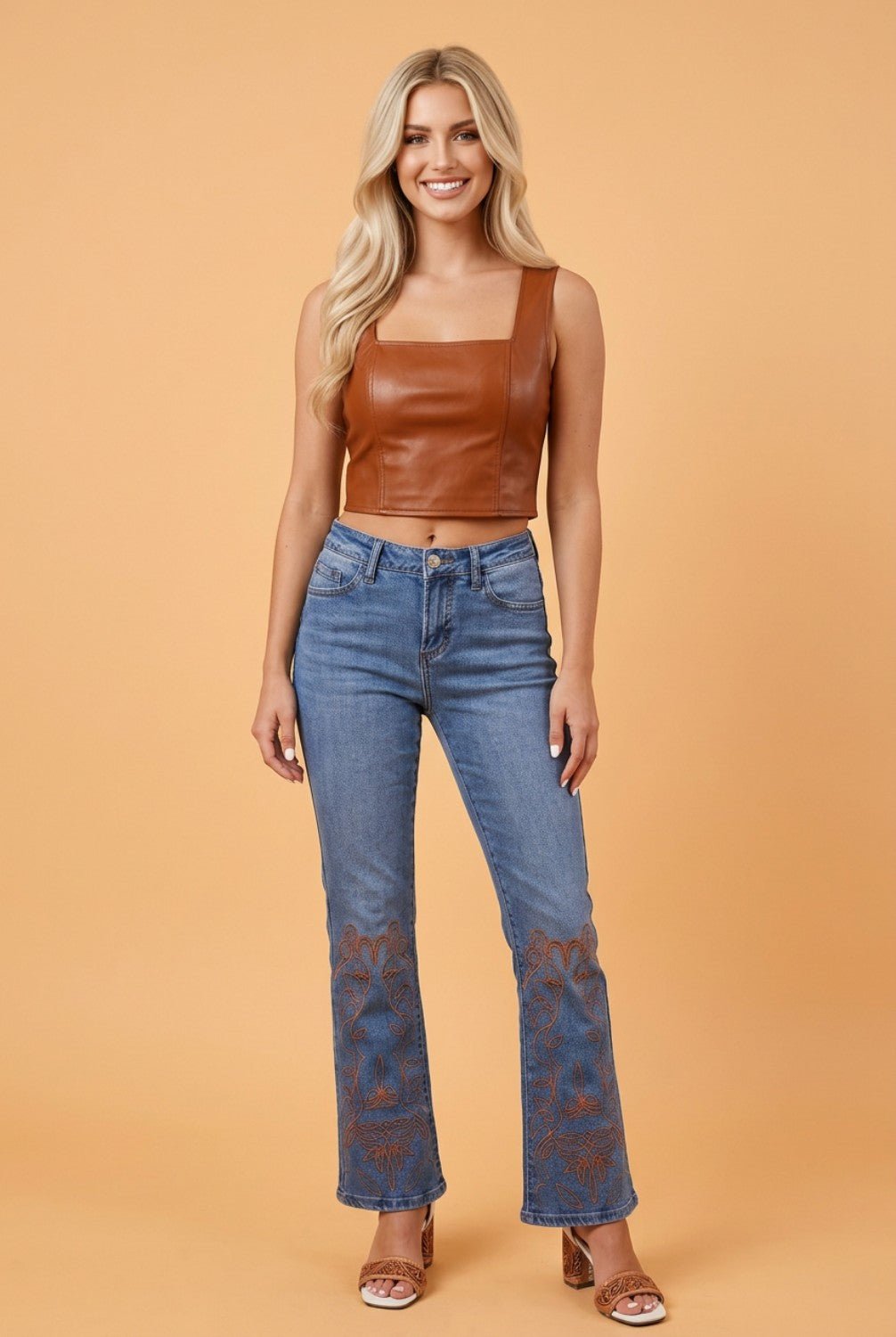 Denim Embroidered Flare Leg Jeans w/ Pockets - Rooted & Reckless Co.