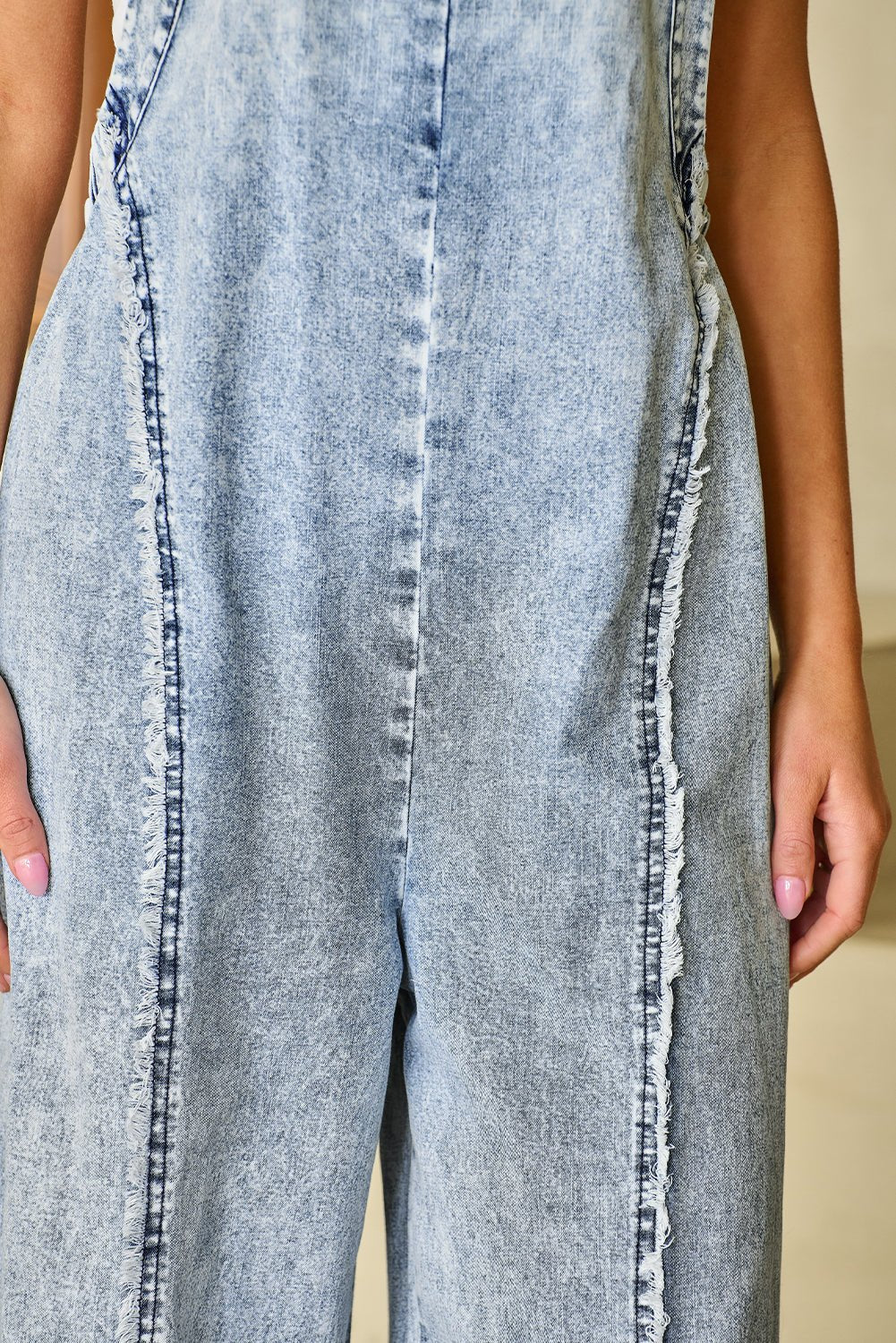 Denim Frayed Reverse Seam Wide Leg Overall - Rooted & Reckless Co.