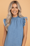 Denim Frilled Collar Flutter Sleeve Top - Rooted & Reckless Co.