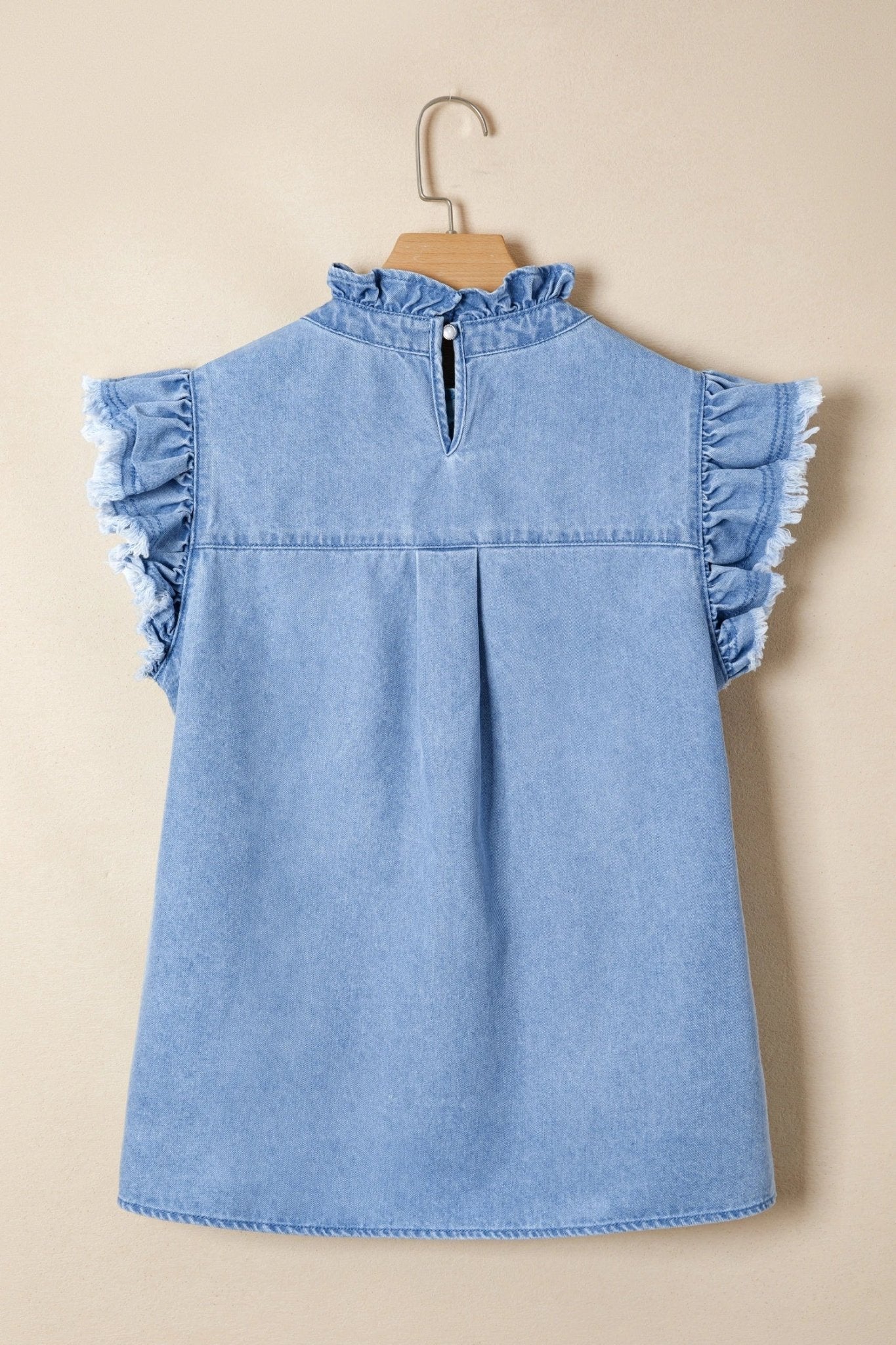 Denim Frilled Collar Flutter Sleeve Top - Rooted & Reckless Co.