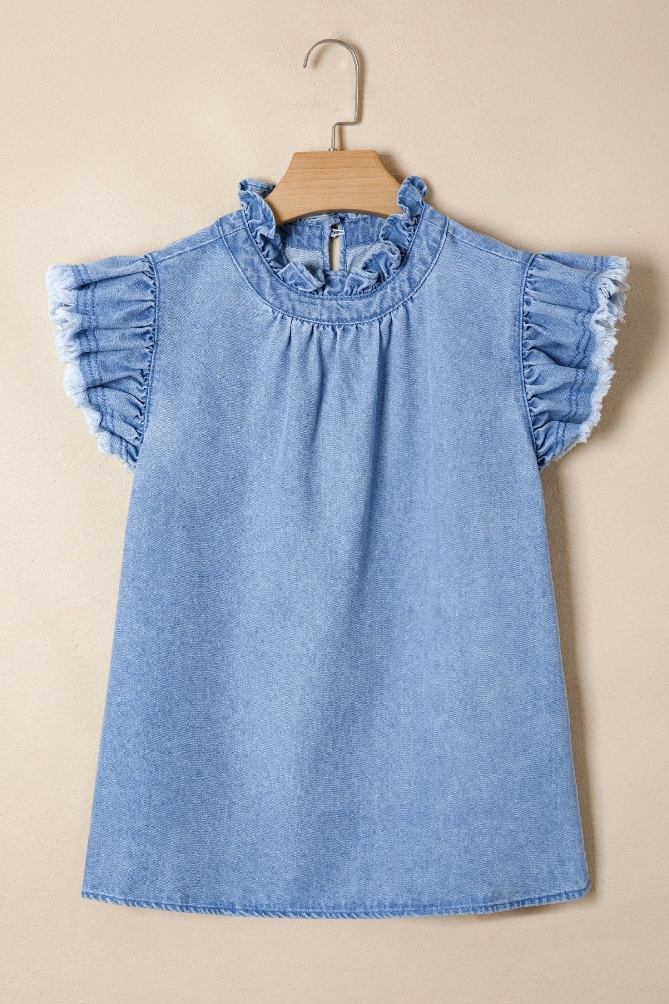 Denim Frilled Collar Flutter Sleeve Top - Rooted & Reckless Co.