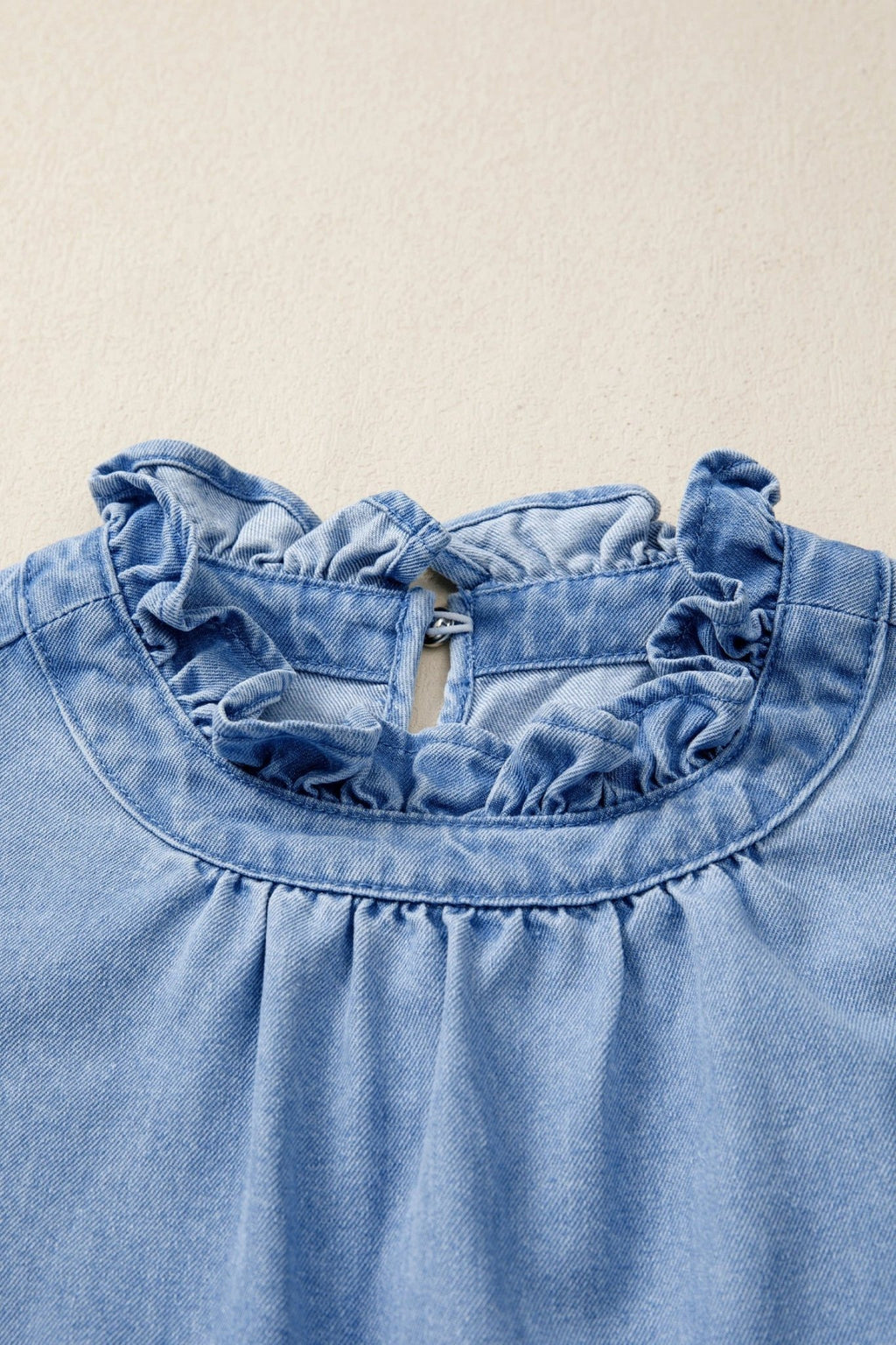 Denim Frilled Collar Flutter Sleeve Top - Rooted & Reckless Co.