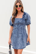 Denim Frilly Square Neck Bustier Puff Sleeve Dress - Rooted & Reckless Co.
