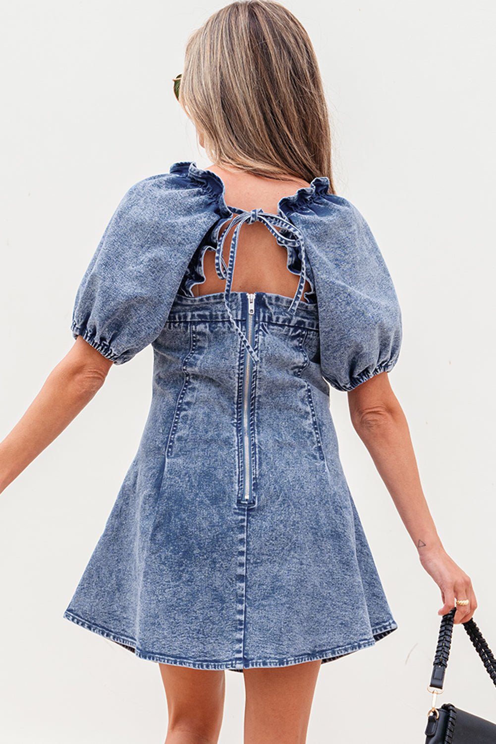 Denim Frilly Square Neck Bustier Puff Sleeve Dress - Rooted & Reckless Co.