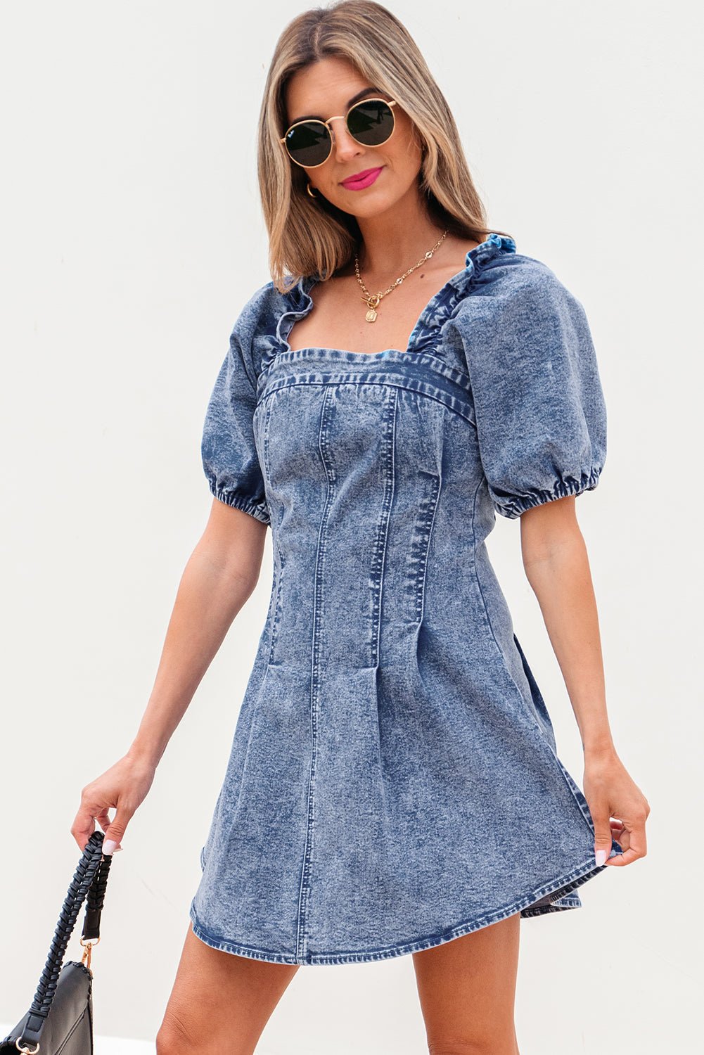 Denim Frilly Square Neck Bustier Puff Sleeve Dress - Rooted & Reckless Co.