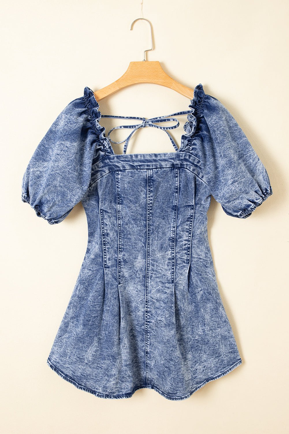 Denim Frilly Square Neck Bustier Puff Sleeve Dress - Rooted & Reckless Co.