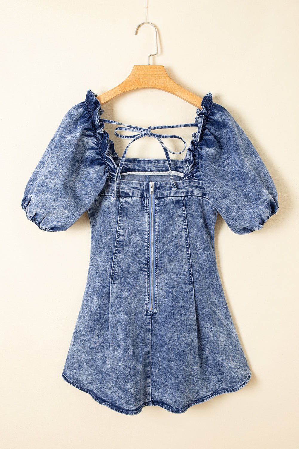 Denim Frilly Square Neck Bustier Puff Sleeve Dress - Rooted & Reckless Co.