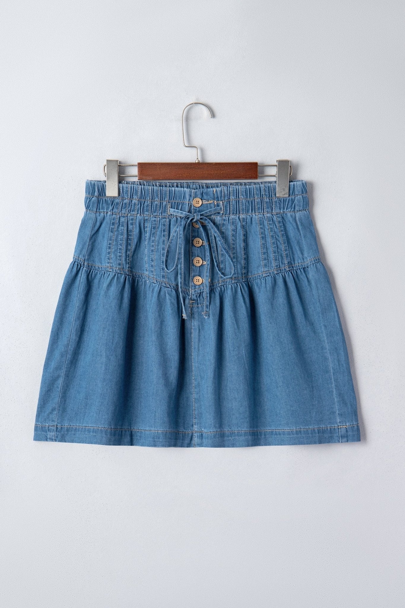 Denim Half Button Pleated Drawstring Mini Skirt - Rooted & Reckless Co.