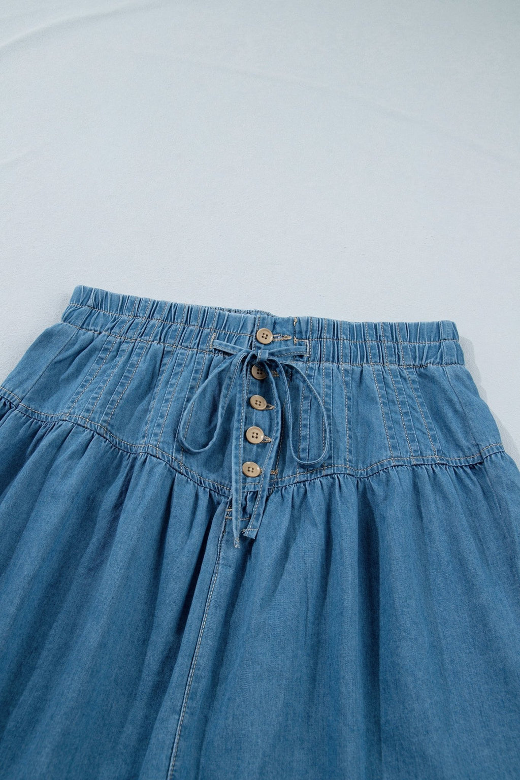 Denim Half Button Pleated Drawstring Mini Skirt - Rooted & Reckless Co.