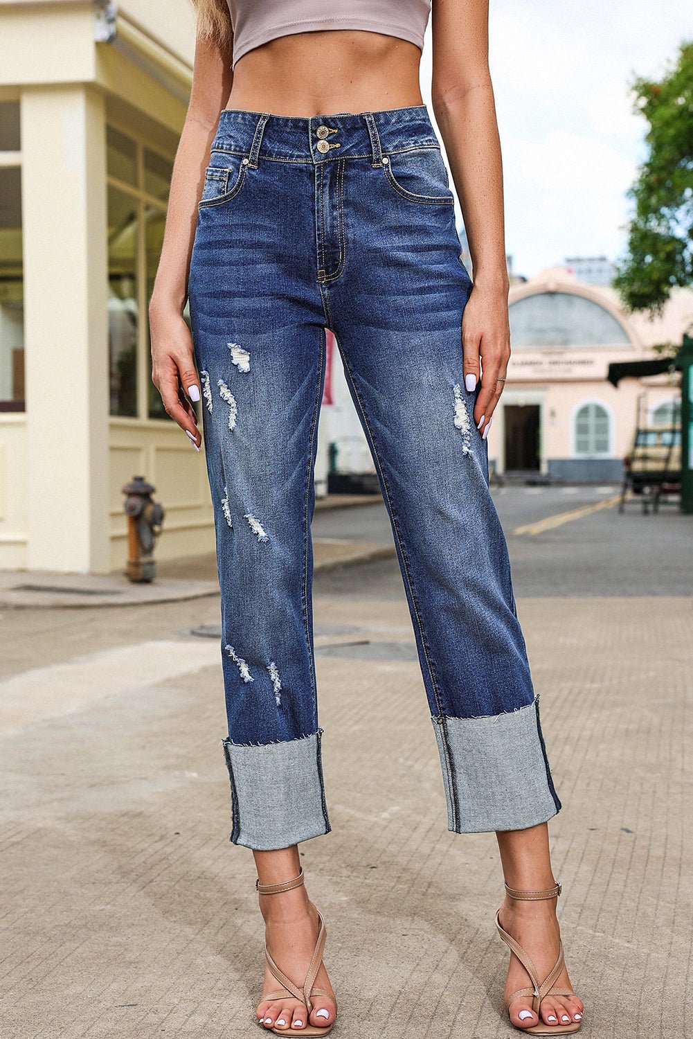 Denim High Waist Distressed Straight Leg Jeans - Rooted & Reckless Co.