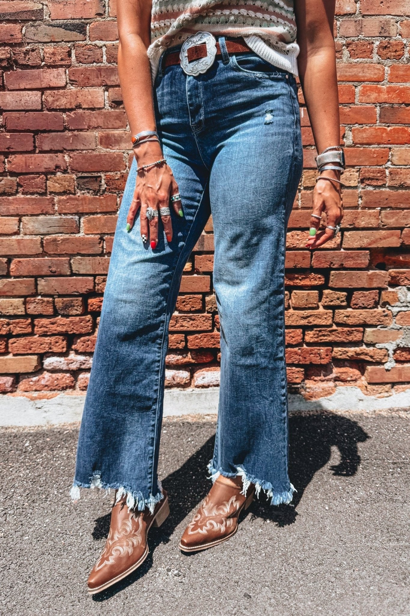 Denim High Waist Frayed Hem Flare Jeans - Rooted & Reckless Co.
