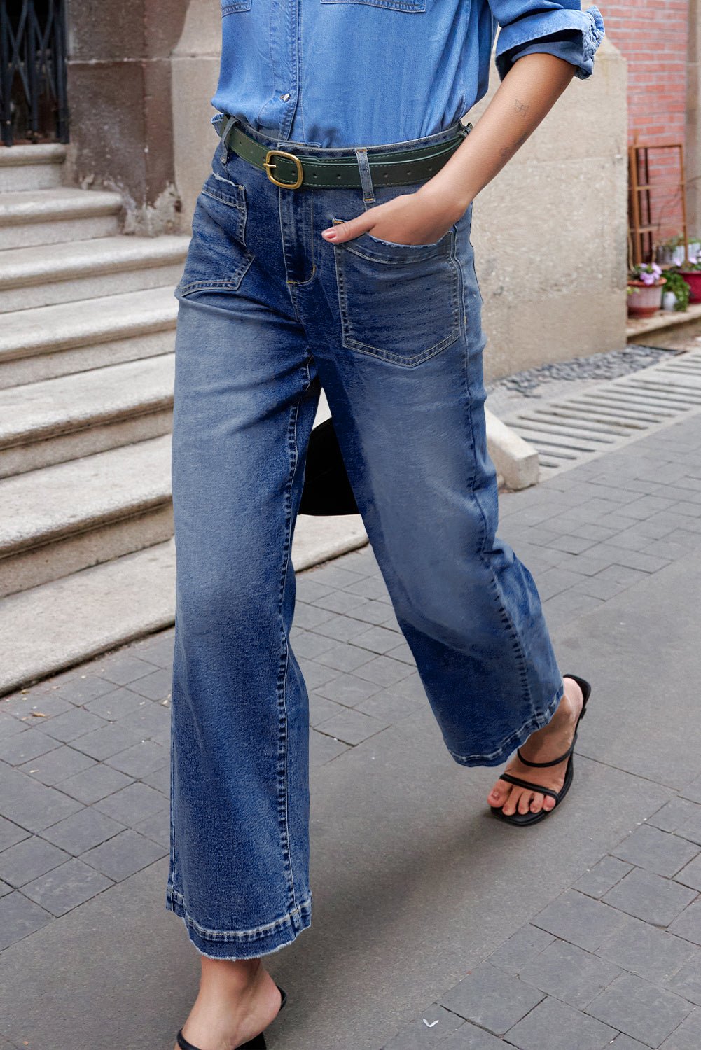 Denim High Waist Patch Pocket Straight Leg Jeans - Rooted & Reckless Co.