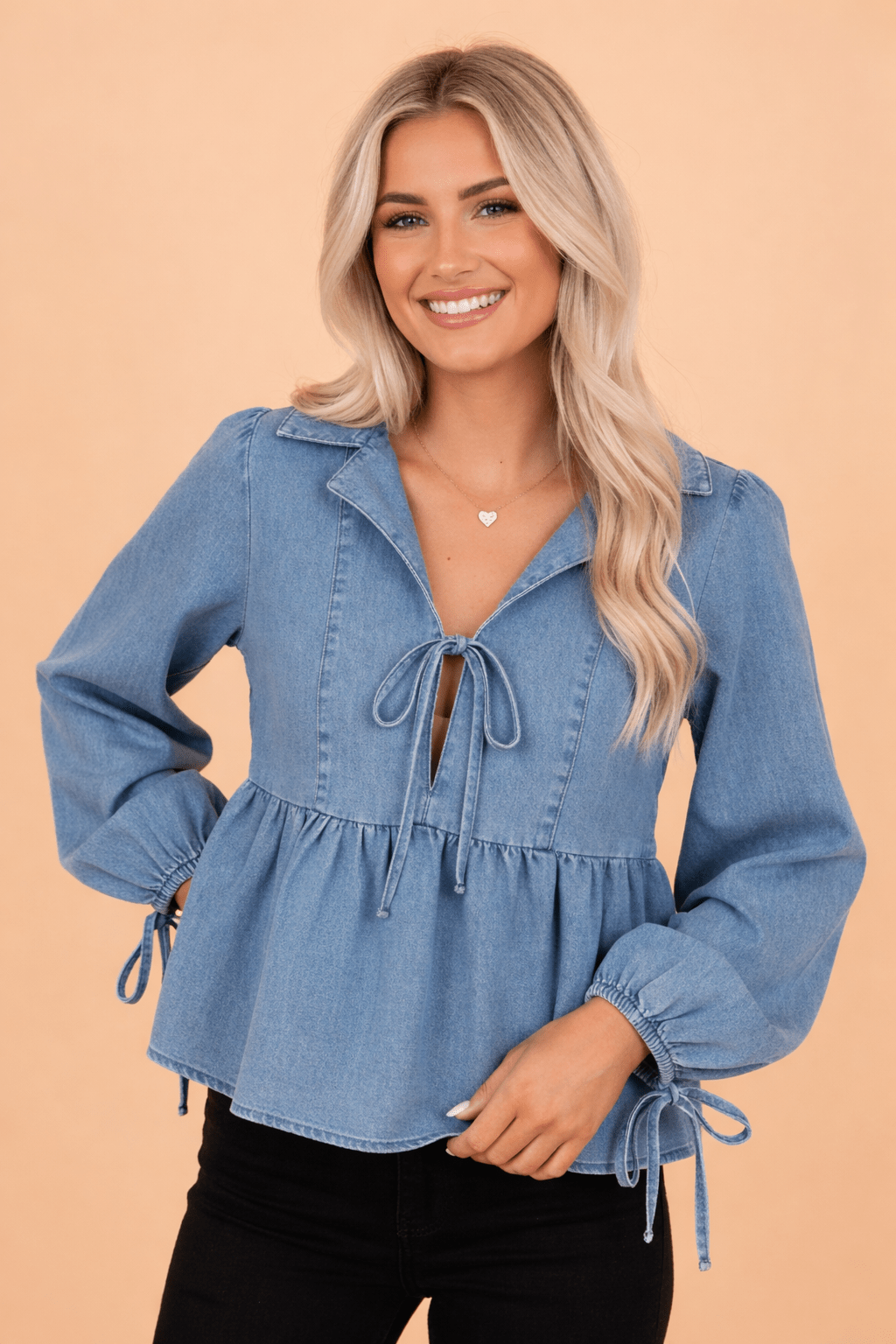 Denim Lapel Collar Balloon Sleeve Peplum Top - Rooted & Reckless Co.