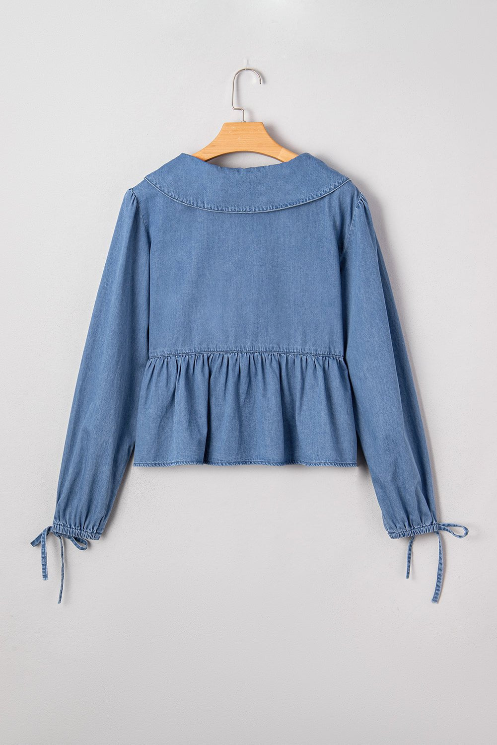 Denim Lapel Collar Balloon Sleeve Peplum Top - Rooted & Reckless Co.