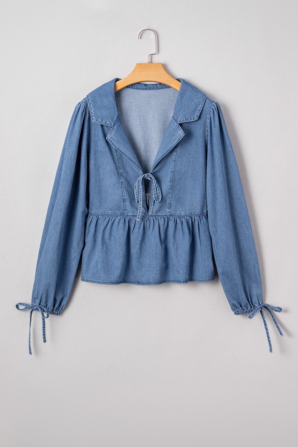 Denim Lapel Collar Balloon Sleeve Peplum Top - Rooted & Reckless Co.